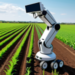 ** A futuristic robotic arm delicately tending to a vibrant, green field. The robot is equipped with sensors and screens displaying data related to soil conditions, weather patterns, and crop health. In the background, a modern, sustainable farm stretches to the horizon, showcasing precision agriculture techniques.

**