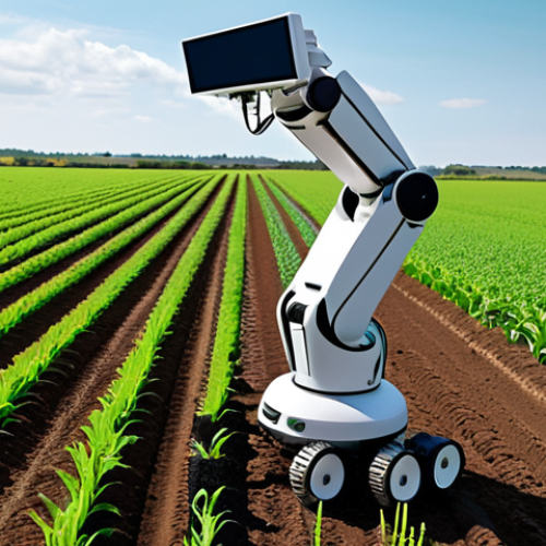 Home 4 ** A futuristic robotic arm delicately tending to a vibrant, green field. The robot is equipped with sensors and screens displaying data related to soil conditions, weather patterns, and crop health. In the background, a modern, sustainable farm stretches to the horizon, showcasing precision agriculture techniques.
**