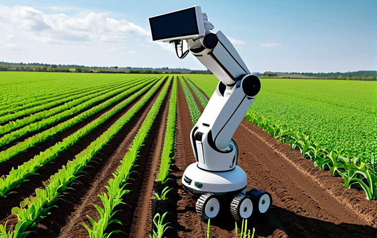 ** A futuristic robotic arm delicately tending to a vibrant, green field. The robot is equipped with sensors and screens displaying data related to soil conditions, weather patterns, and crop health. In the background, a modern, sustainable farm stretches to the horizon, showcasing precision agriculture techniques.
**