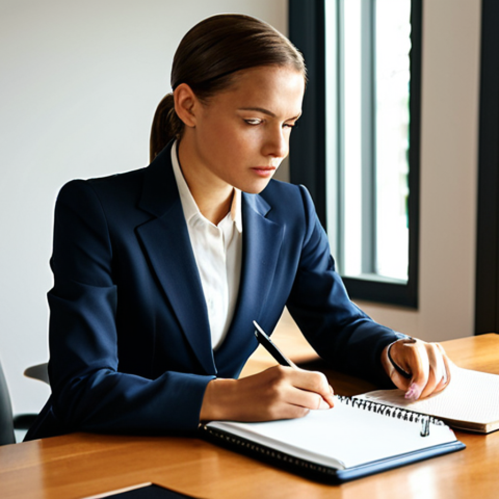 Reflective Businesswoman**

A professional businesswoman in a tailored blazer and skirt, sitting at a polished desk in a sunlit home office, gazing thoughtfully at a notepad. She is fully clothed in appropriate business attire. Natural pose, perfect anatomy, correct proportions, well-formed hands, proper finger count. Safe for work, appropriate content, modest, professional photography, high quality.

**