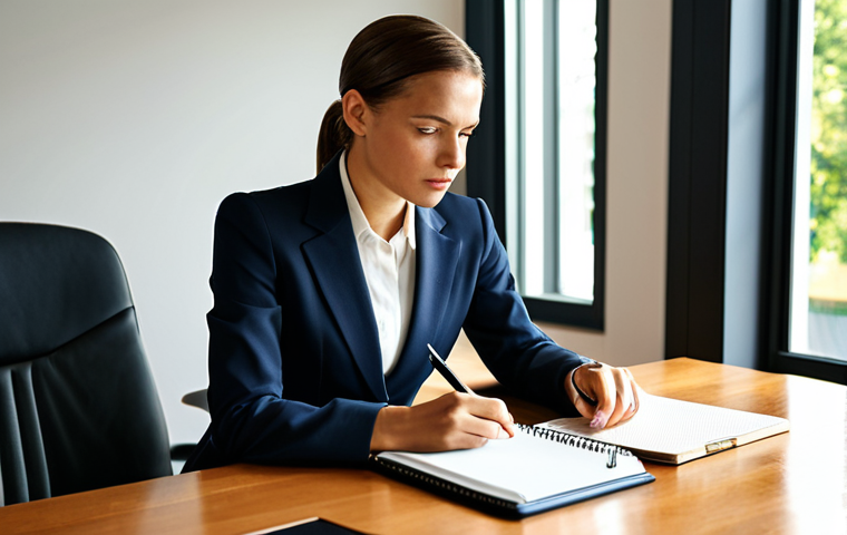 Reflective Businesswoman**

A professional businesswoman in a tailored blazer and skirt, sitting at a polished desk in a sunlit home office, gazing thoughtfully at a notepad. She is fully clothed in appropriate business attire. Natural pose, perfect anatomy, correct proportions, well-formed hands, proper finger count. Safe for work, appropriate content, modest, professional photography, high quality.

**