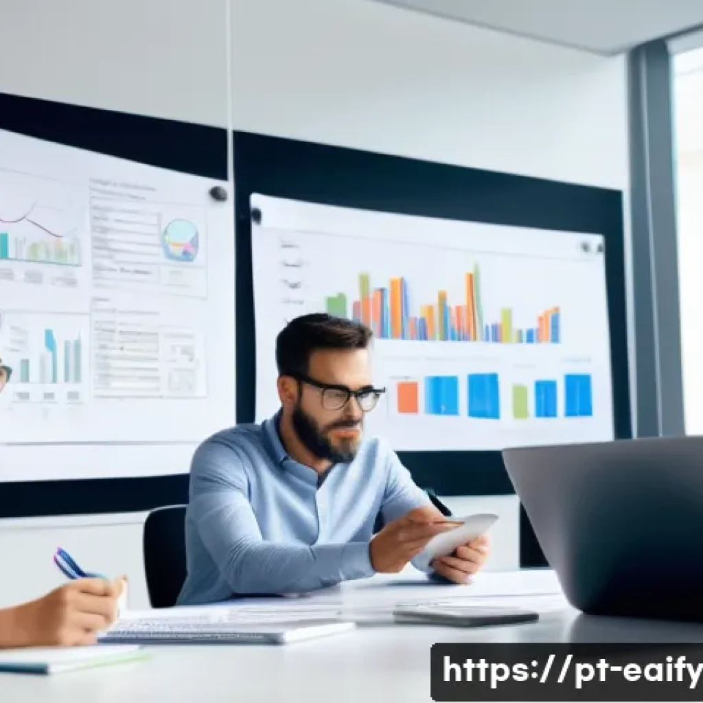 자기 교정 학습 프로세스와 피어 리뷰의 중요성 - A modern office scene showing a diverse group of professionals collaborating on a project around a l...