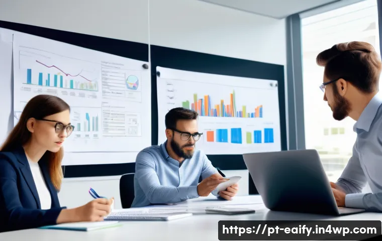 자기 교정 학습 프로세스와 피어 리뷰의 중요성 - A modern office scene showing a diverse group of professionals collaborating on a project around a l...