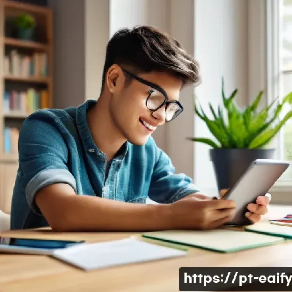 자기 교정 학습 프로세스와 디지털 학습 도구의 융합 - A young adult studying comfortably at home with a tablet and smartphone, surrounded by digital learn...