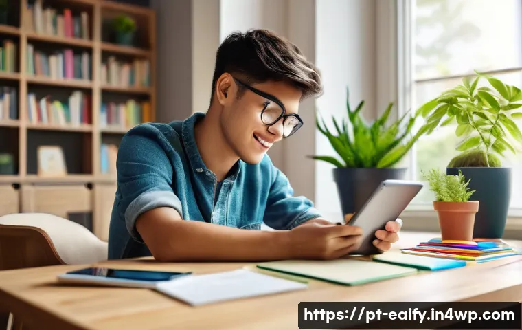 자기 교정 학습 프로세스와 디지털 학습 도구의 융합 - A young adult studying comfortably at home with a tablet and smartphone, surrounded by digital learn...