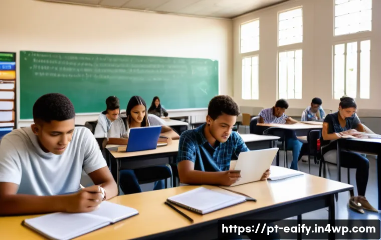 자기 교정 학습 프로세스가 고등 교육에 미치는 영향 - A modern university classroom scene in Brazil with diverse young adult students actively engaging in...