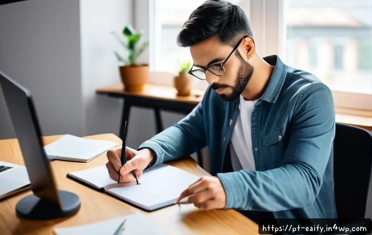 자기 교정 학습 프로세스 적용을 위한 체크리스트 - A focused young adult studying at a tidy, well-lit desk in a quiet home office, surrounded by minima...