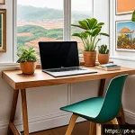 Home 20 자기 교정 학습 프로세스를 지원하는 다양한 자료 - A bright, cozy study corner in a Brazilian home featuring a wooden desk by a large window with abund...