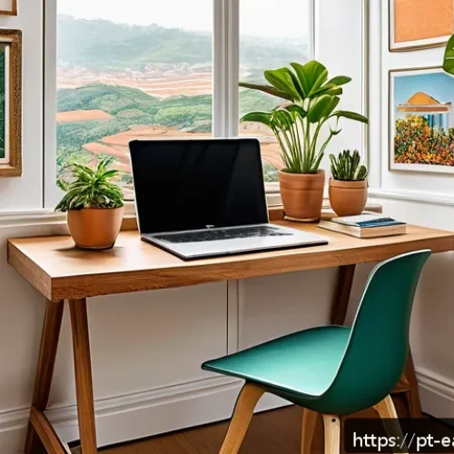 Home 32 자기 교정 학습 프로세스를 지원하는 다양한 자료 - A bright, cozy study corner in a Brazilian home featuring a wooden desk by a large window with abund...