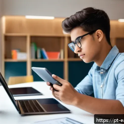 Home 30 자기 교정 학습 프로세스에서의 에듀테크 활용 - A modern study room with a young adult student wearing casual clothes and glasses, sitting at a slee...