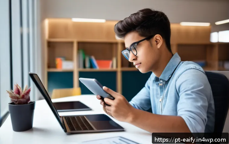 자기 교정 학습 프로세스에서의 에듀테크 활용 - A modern study room with a young adult student wearing casual clothes and glasses, sitting at a slee...